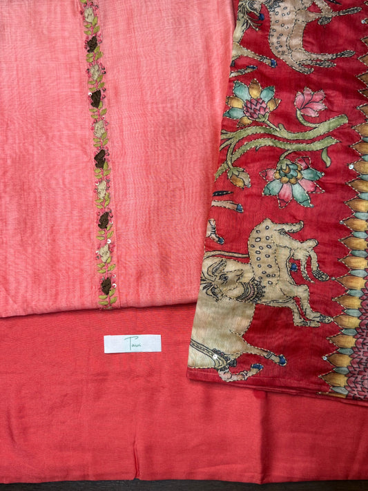 Tomato colour Tussar Silk 3 pc unstitched Kurti dress material set