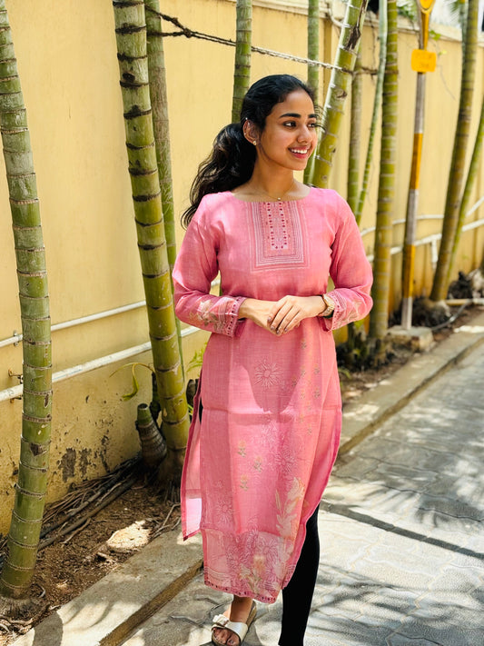 Pink Chanderi Tissue Silk Kurti with Cotton Lining & Dupatta