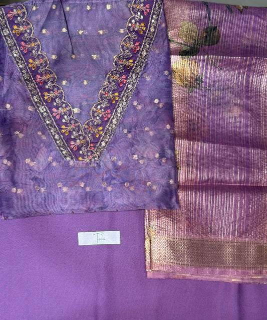 Purple Tissue Silk 3 pc unstitched Kurti dress material set