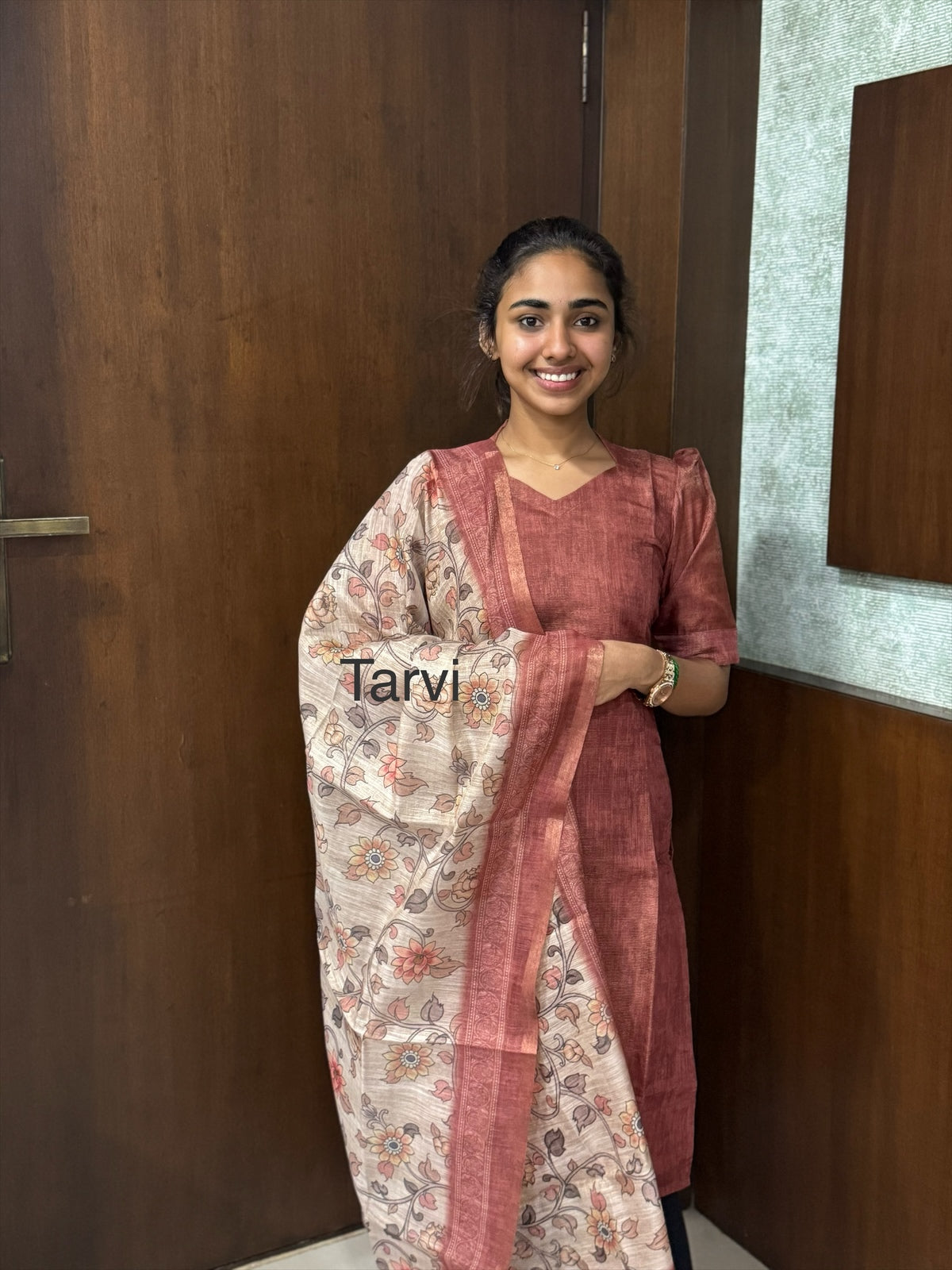 Rust Chanderi Tissue Silk Kurti with Cotton Lining & Dupatta