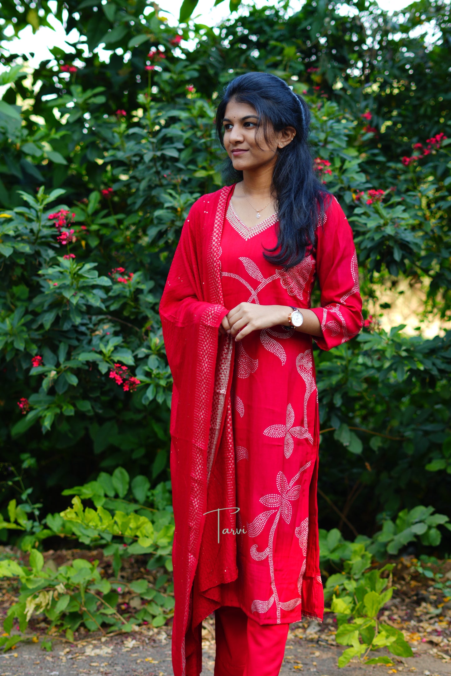 Red Embellished Silk 3 pc Kurti Set, Dupatta and Pant with pocket.