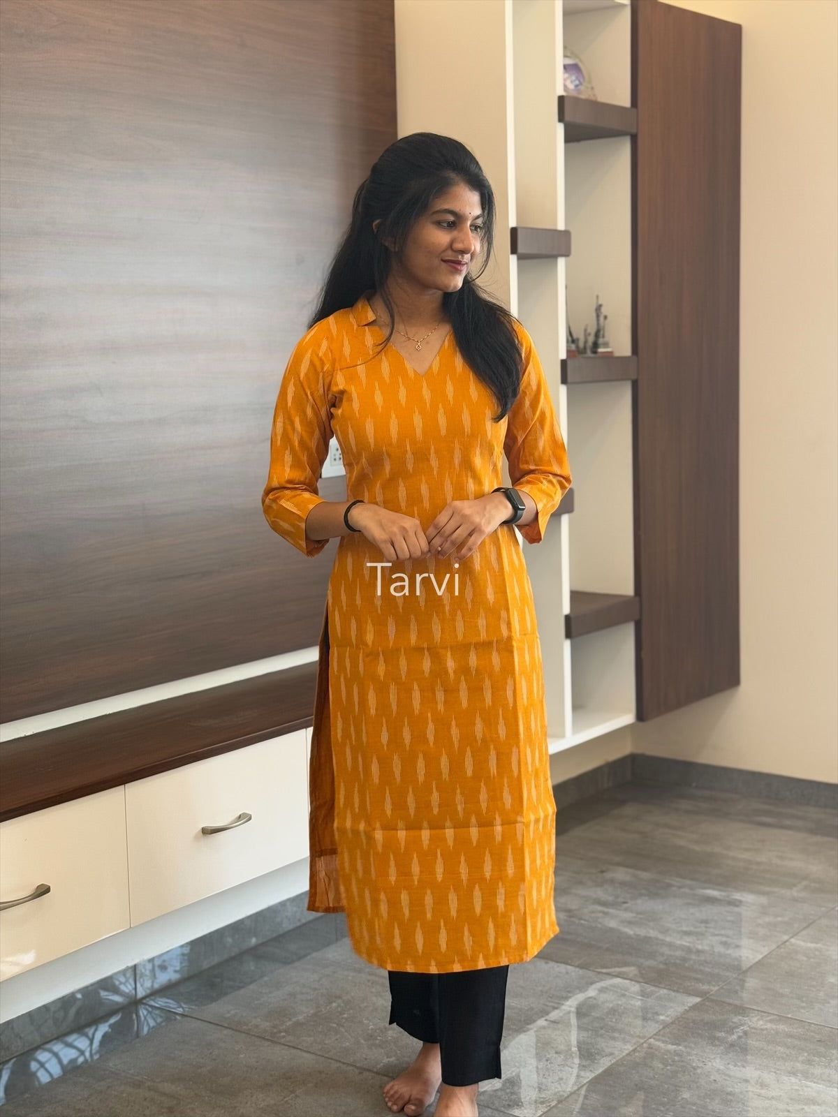 Yellow Ikat Weave Mercerised Cotton 3 pc Kurti Set, Dupatta and Pant with Pocket