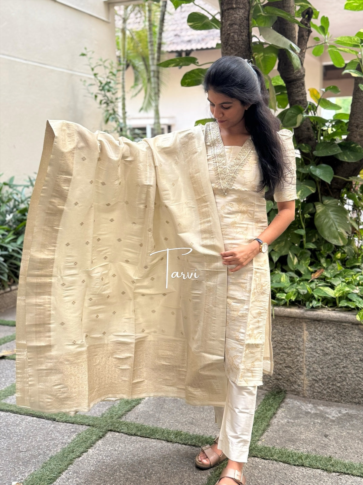 Beige Sequin-Embellished Banaras Silk 3 pc Kurti Set with Dupatta and Pant