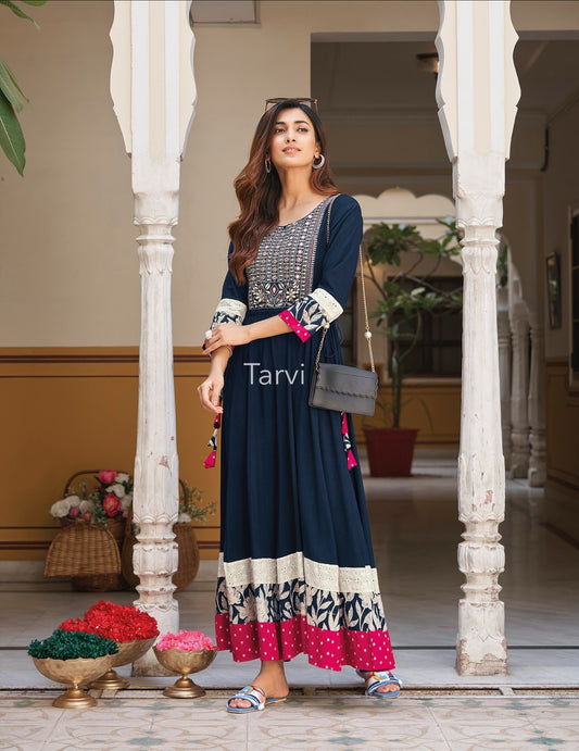 Navy Rayon & Cotton  Gown