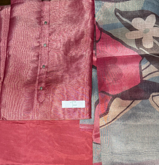 Cherry Red Pure Tissue Silk 3 pc unstitched Kurti dress material set
