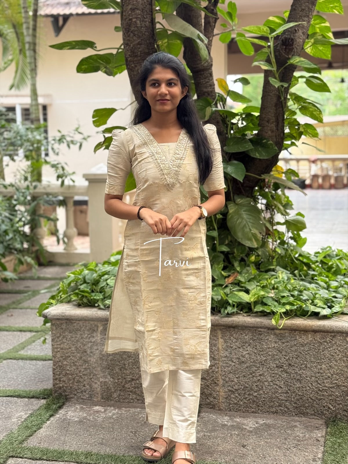 Beige Sequin-Embellished Banaras Silk 3 pc Kurti Set with Dupatta and Pant