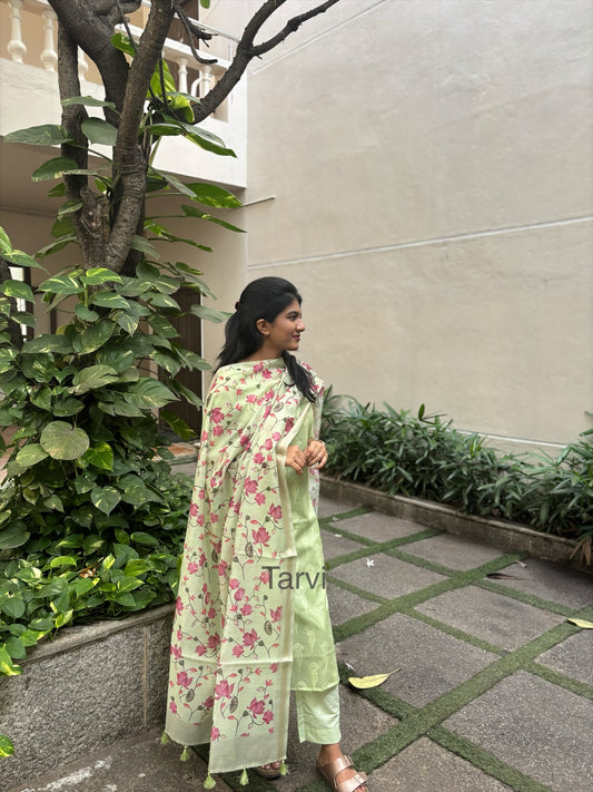 Light Green Handloom Banarasi ( Zari Butta) 3 pc Kurti Suit with Dupatta, Cotton Pant with Pocket