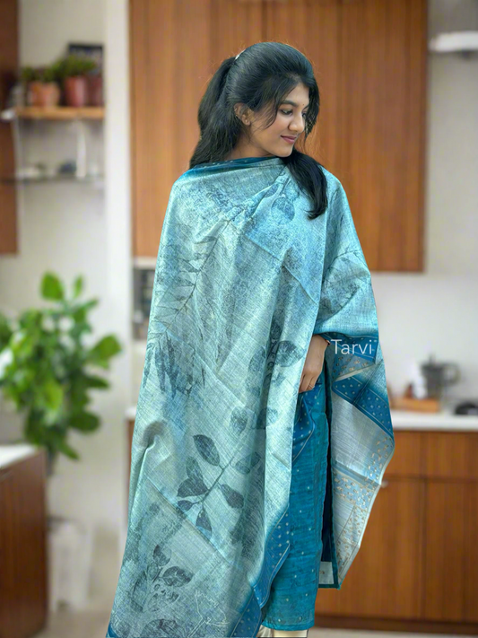 Peacock Blue Chanderi Silk Kurti with Butta, cotton lining and Dupatta