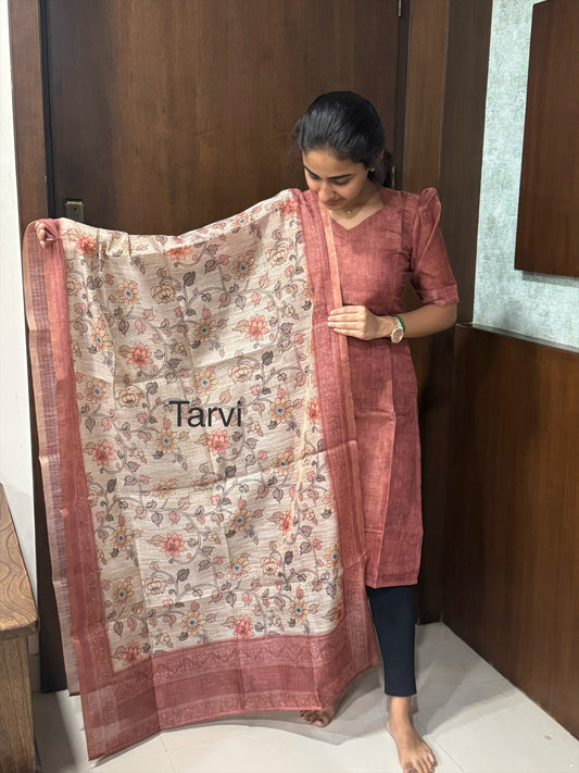 Rust Chanderi Tissue Silk Kurti with Cotton Lining & Dupatta
