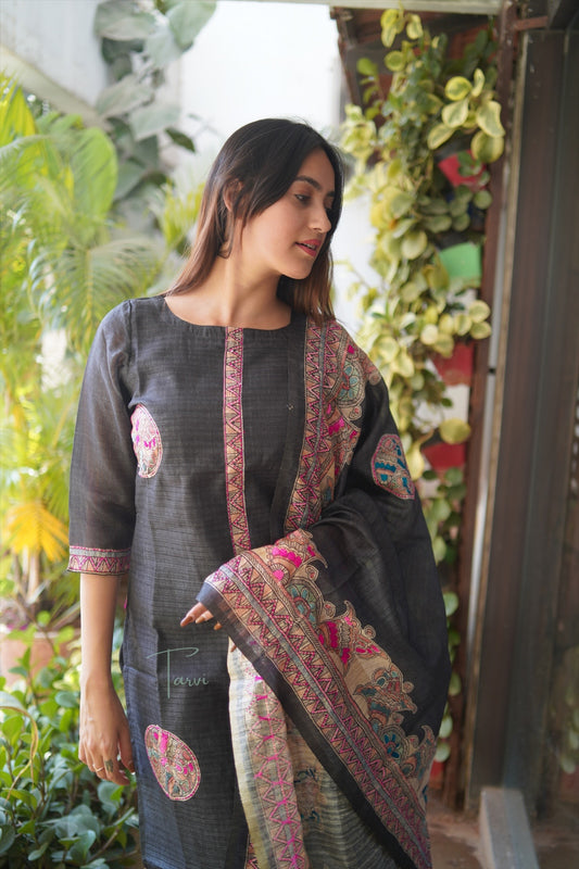 Black 3 Tussar Silk piece Kurti with appliqué, Cotton Lining and Dupatta