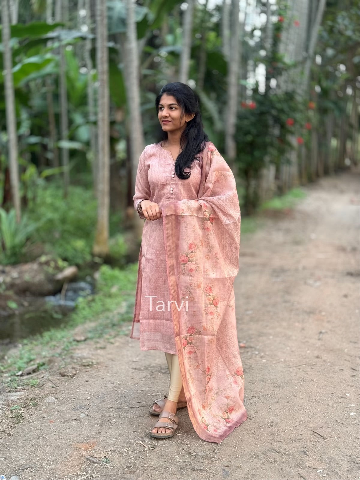 Linen Tissue Kurti with cotton lining and floral Dupatta.