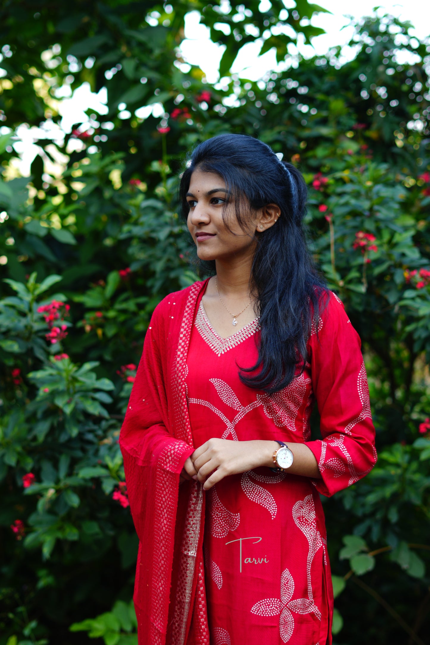 Red Embellished Silk 3 pc Kurti Set, Dupatta and Pant with pocket.