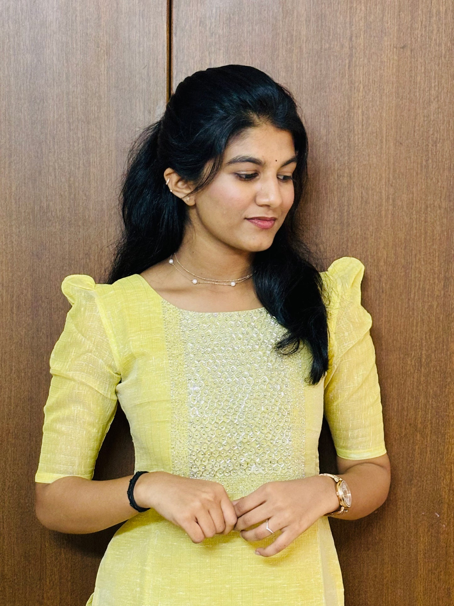 Lemon Yellow Sequin-Embellished Tissue Silk 3 pc Kurti Set with Embroidered Dupatta and Silk Pant