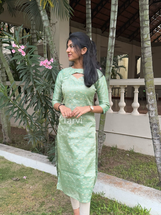 Light Green Ombre Crush Tissue Tussar Kurti with Butta, Cotton Lining & Dupatta