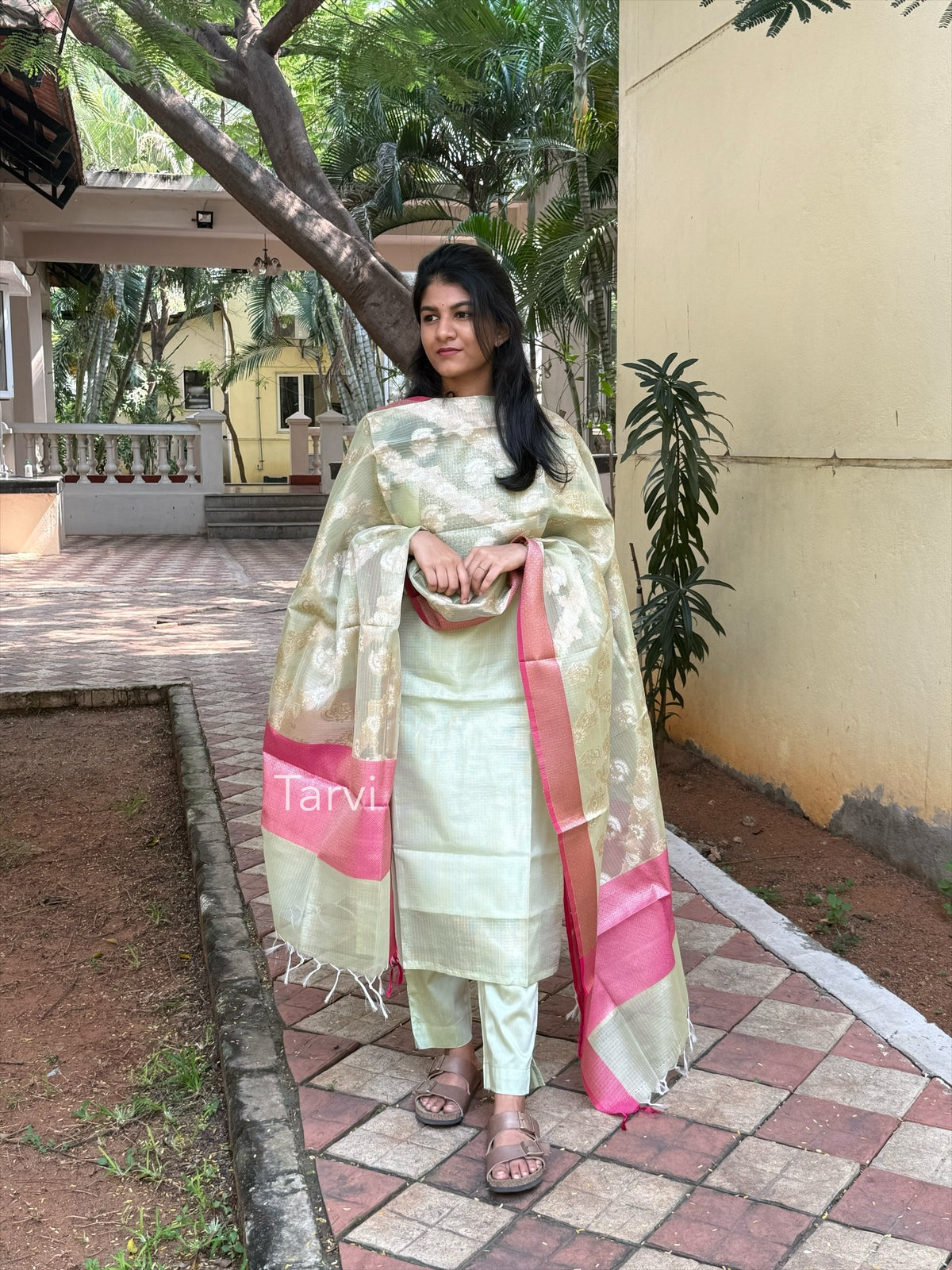 Light Green Tissue Silk 3 pc unstitched Kurti dress material set