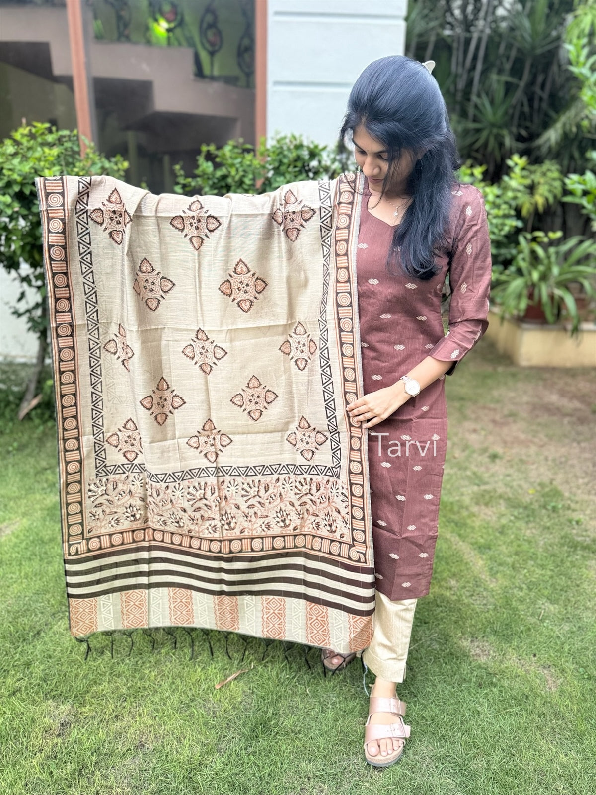 Coffee Brown Raw silk 3-piece set with a cotton lined kurti, hand block-printed dupatta, and pants with a pocket.