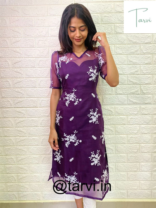 Embroidery Dark Wine Organza Kurti with Crepe lining