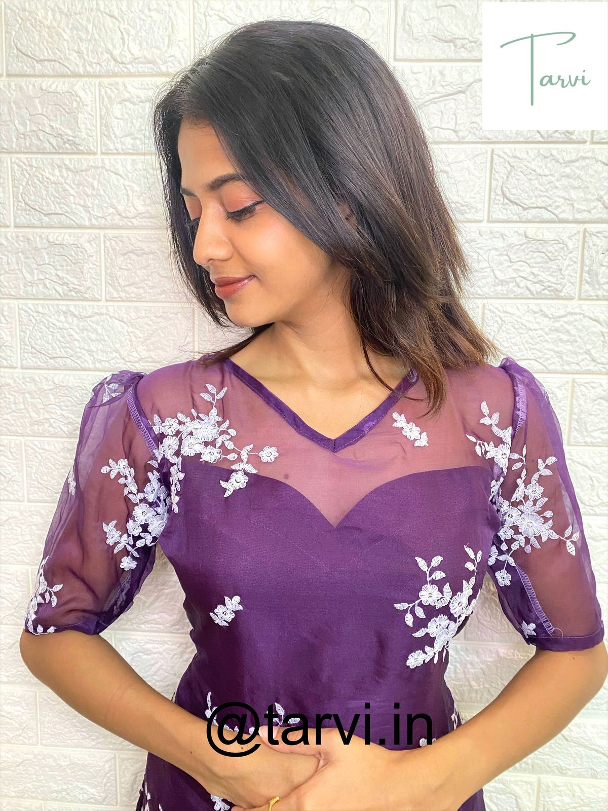 Embroidery Dark Wine Organza Kurti with Crepe lining