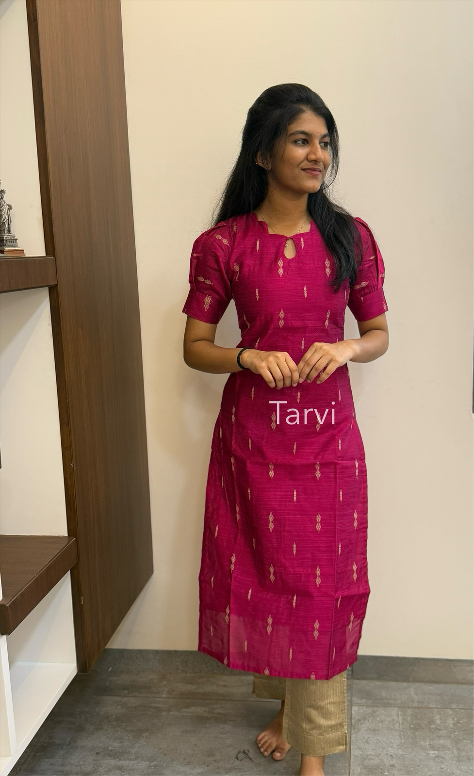 Rani Pink Raw Silk 3 pc Kurti Set with Zari Butta, Dupatta and Pant with Pocket
