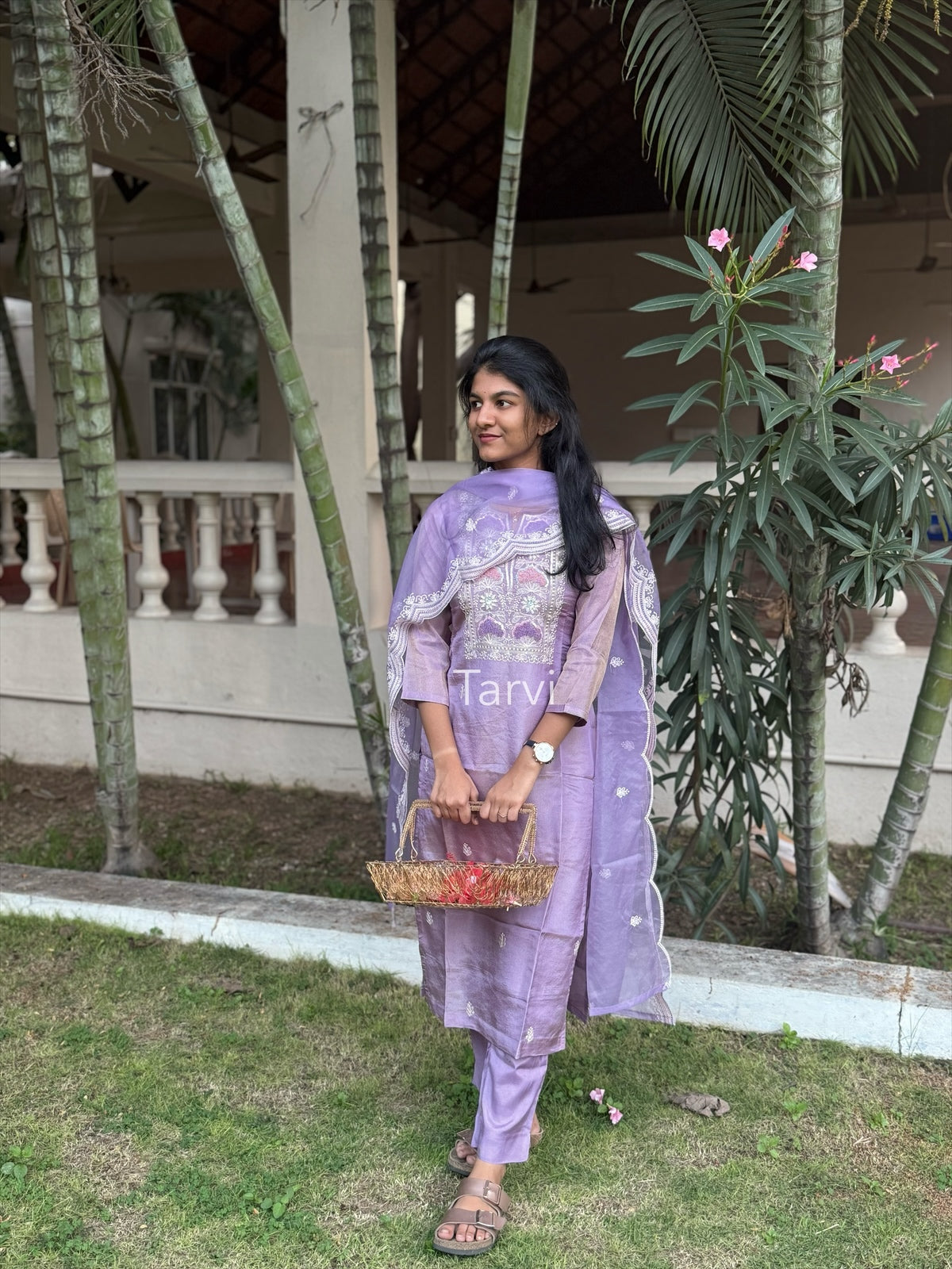 Lavender Sequin-Embellished Tissue Silk 3 pc Kurti Set with Dupatta and Pant