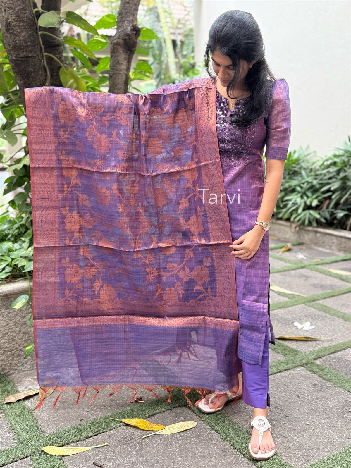 Purple Tissue Silk, featuring sequin neck detailing, cotton lining, Copper Zari dupatta, and matching silk pants with pocket