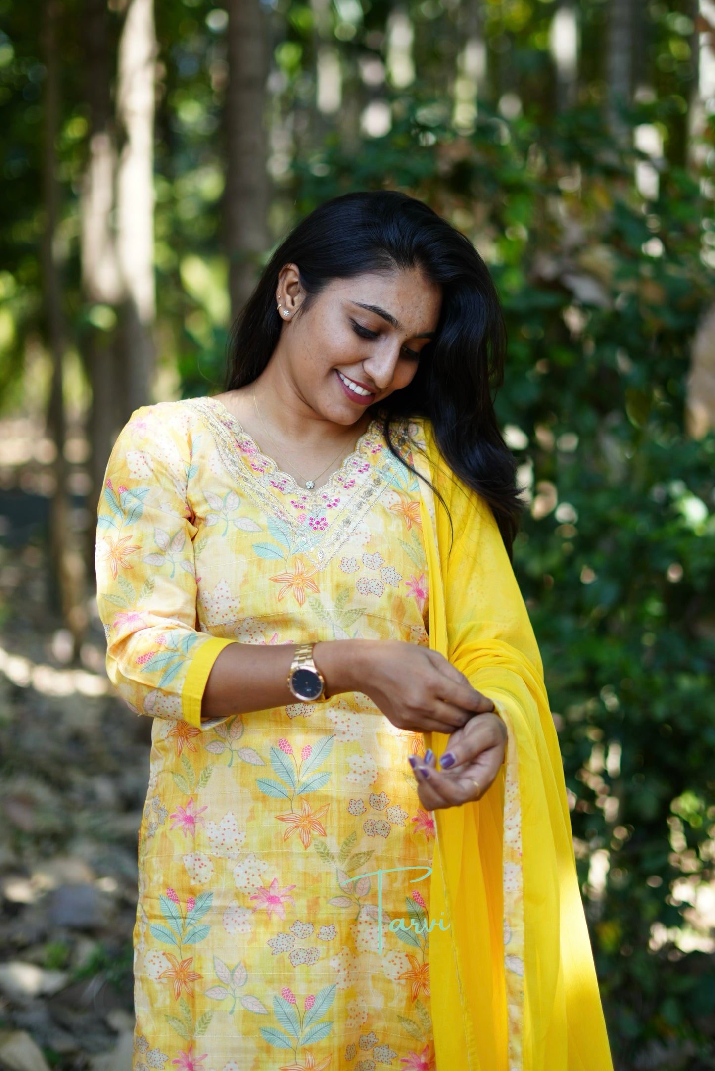 Yellow Embellished Silk 3 pc Kurti Set, Dupatta and Pant with pocket.
