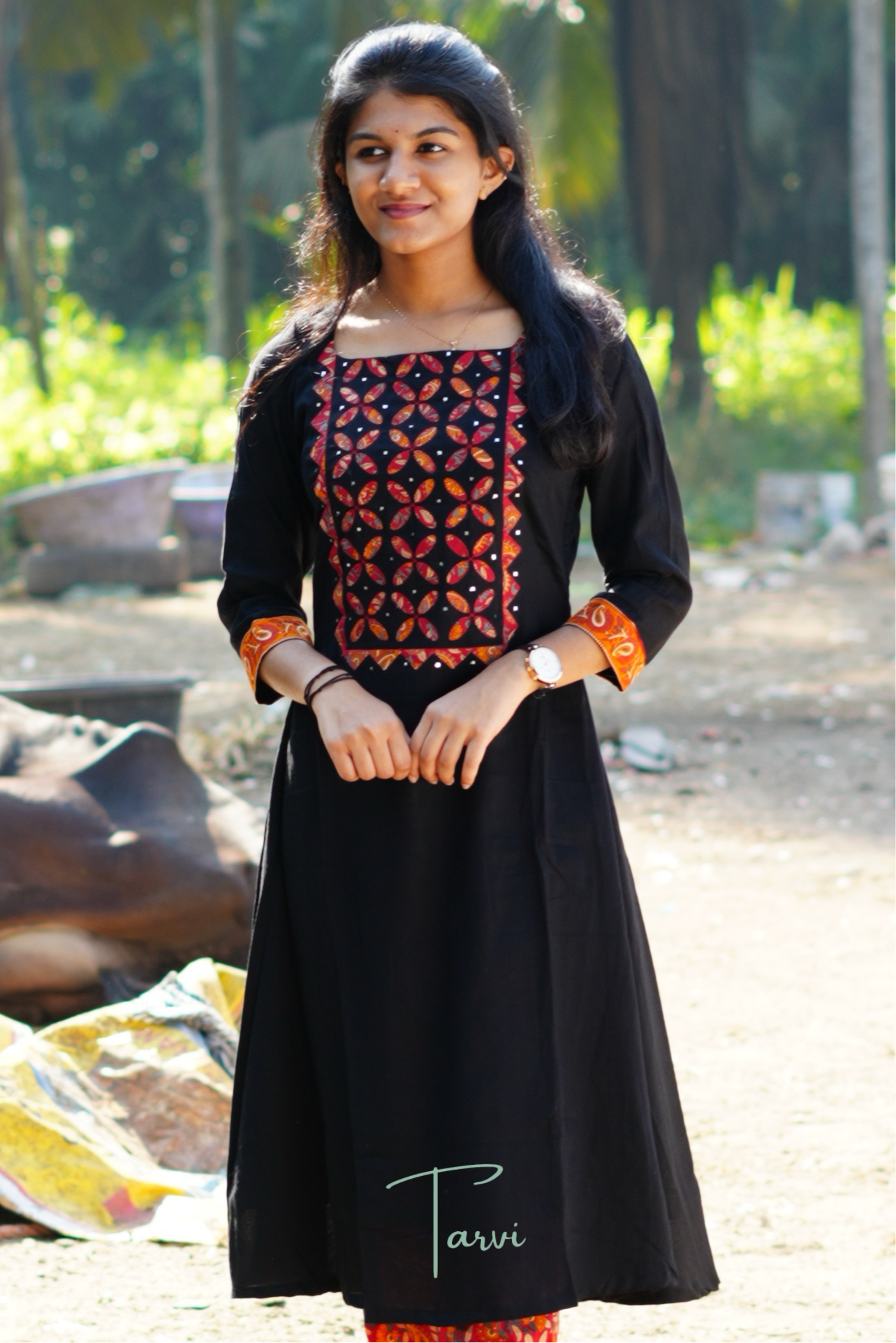 Black Cotton 3 pc Kurti Set with Embellishment, Dupatta and Pant