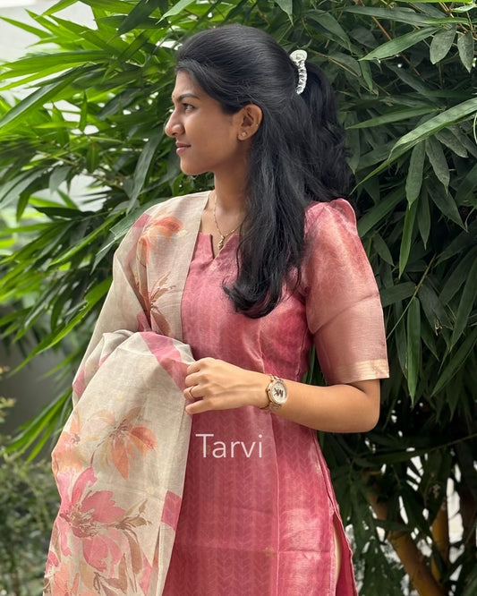 Peach Chanderi Silk Kurti with Golden Jacquard Border, cotton lining and Dupatta.