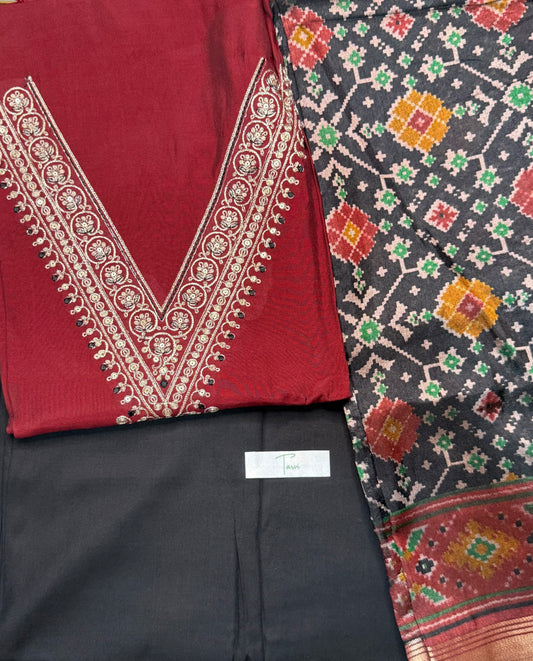 Maroon Silk 3 pc unstitched Kurti dress material set