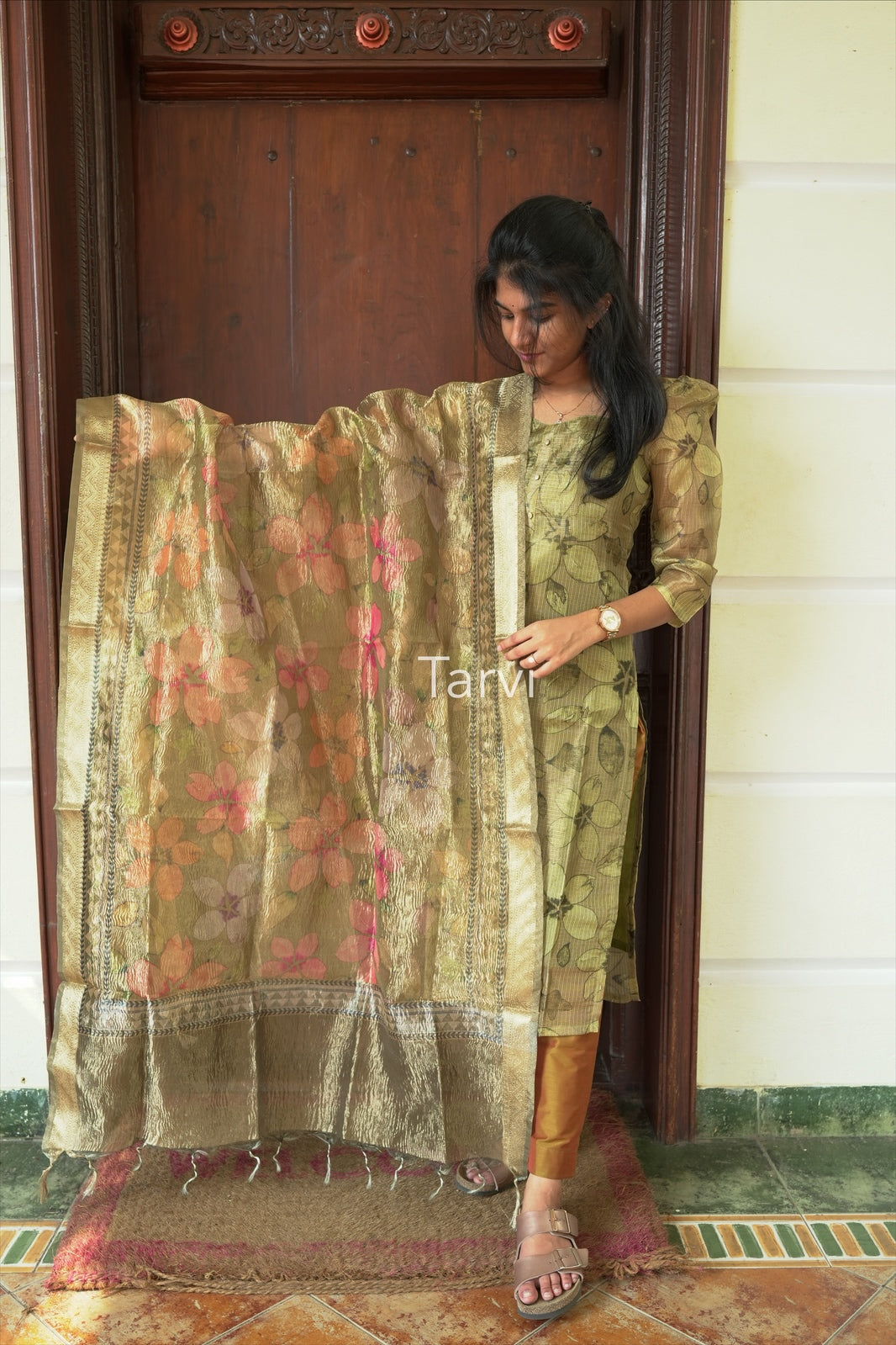 Green Tissue Silk 3 pc unstitched Kurti dress material set