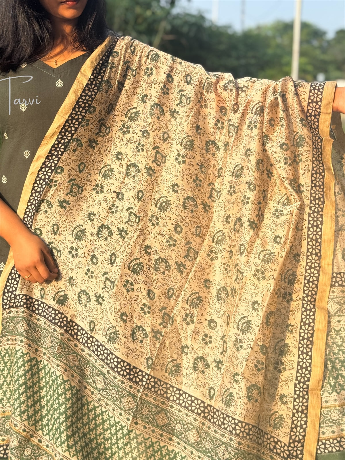 Bottle Green Handloom Kurti with Cotton Lining and Chanderi Silk Dupatta