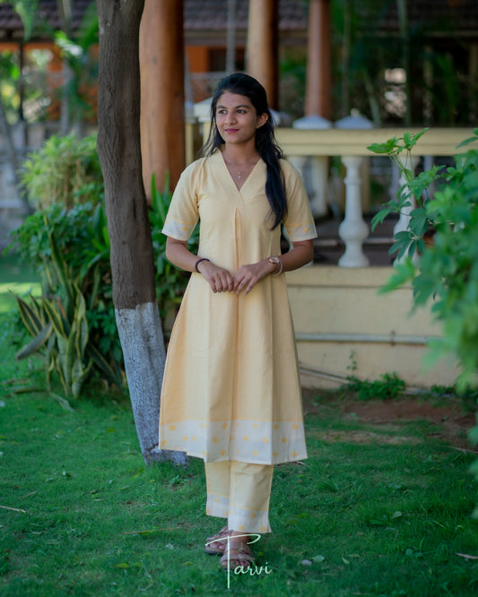 Light Yellow Pure Cotton Handloom A Line Cord Set with Jacquard borders