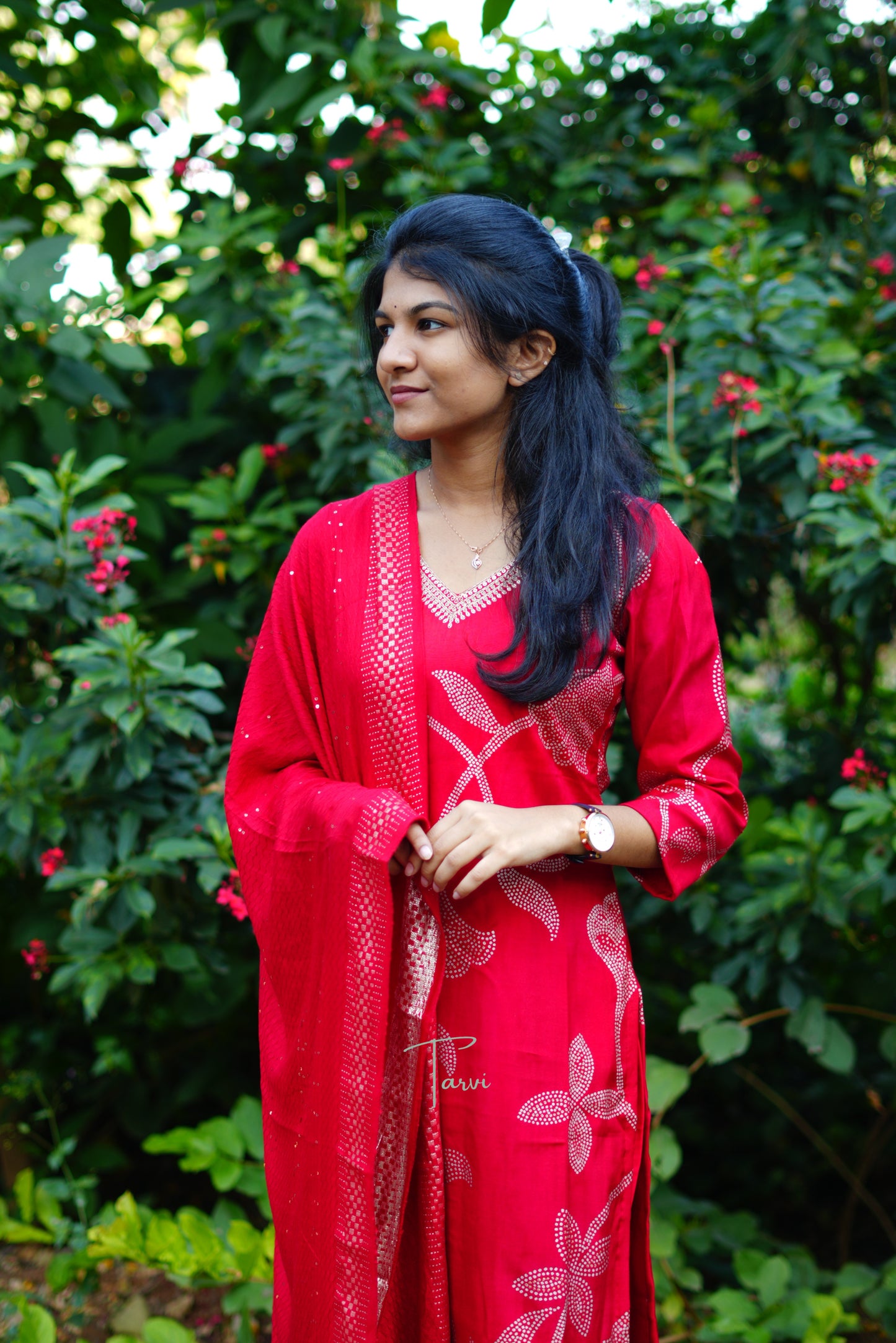 Red Embellished Silk 3 pc Kurti Set, Dupatta and Pant with pocket.