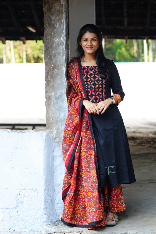 Black Cotton 3 pc Kurti Set with Embellishment, Dupatta and Pant