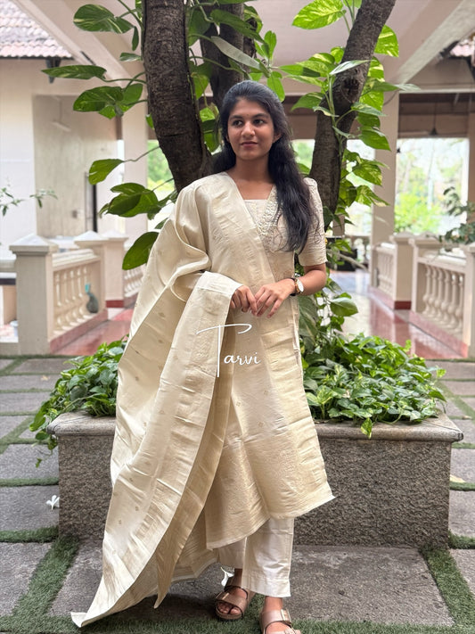 Beige Sequin-Embellished Banaras Silk 3 pc Kurti Set with Dupatta and Pant