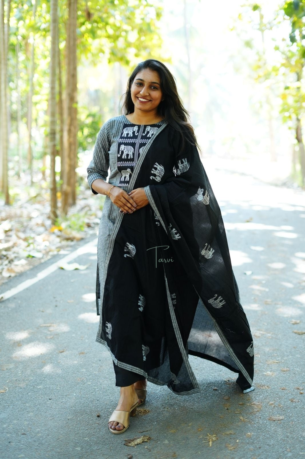 Black cotton 3 pc Kurti Set with Embellishment, Dupatta and Pant
