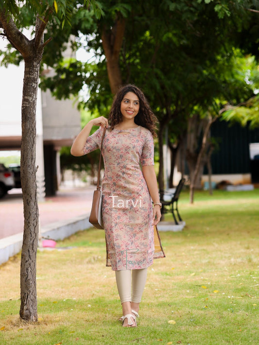 Beige Tissue Shimmer Kurti with Floral Patterns