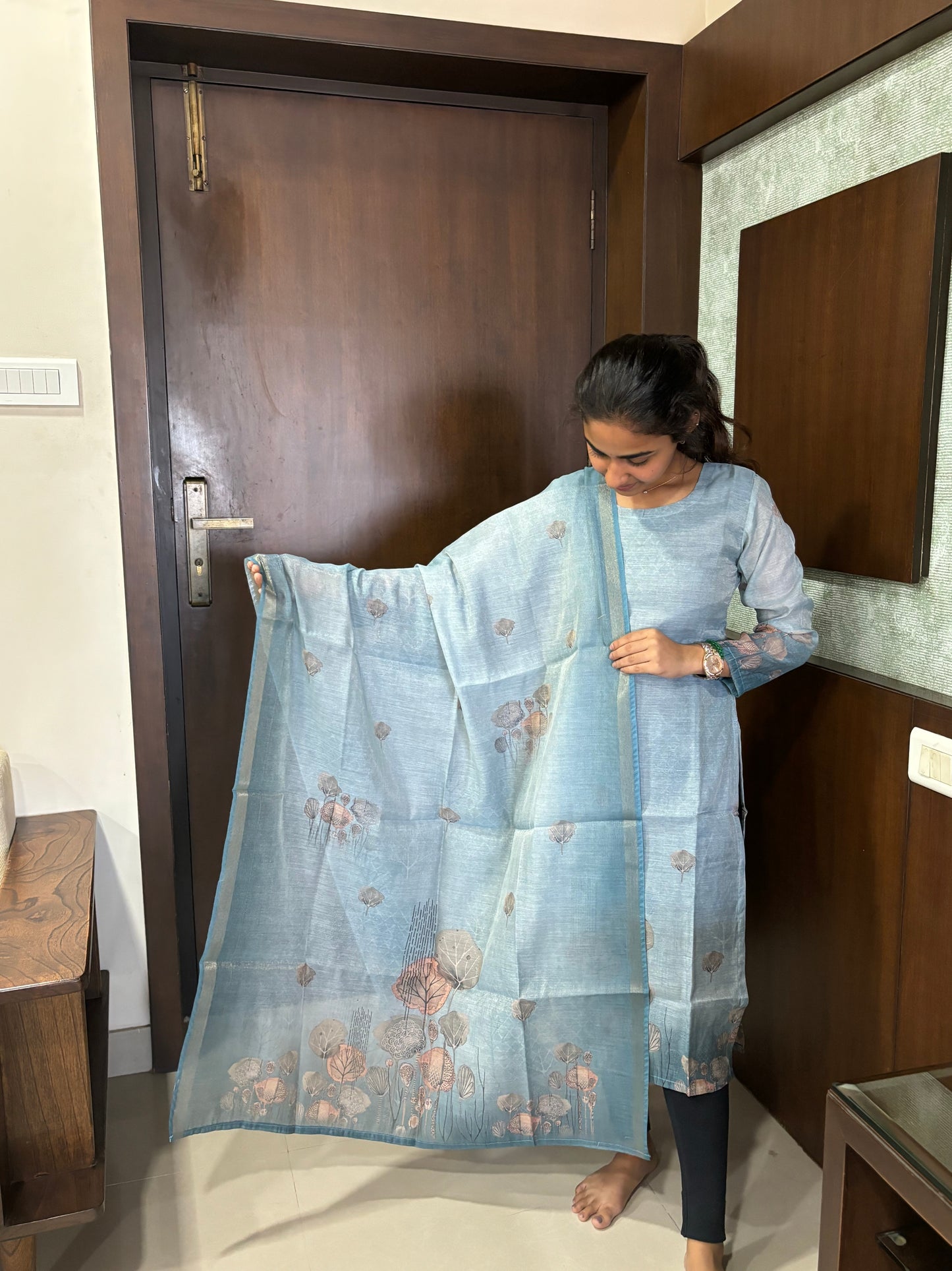 Light Blue Chanderi Tissue Silk Kurti with Cotton Lining and Dupatta