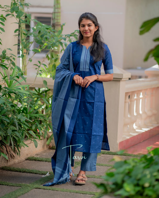 Navy Super Soft Handloom cotton 3 pc Kurti Set