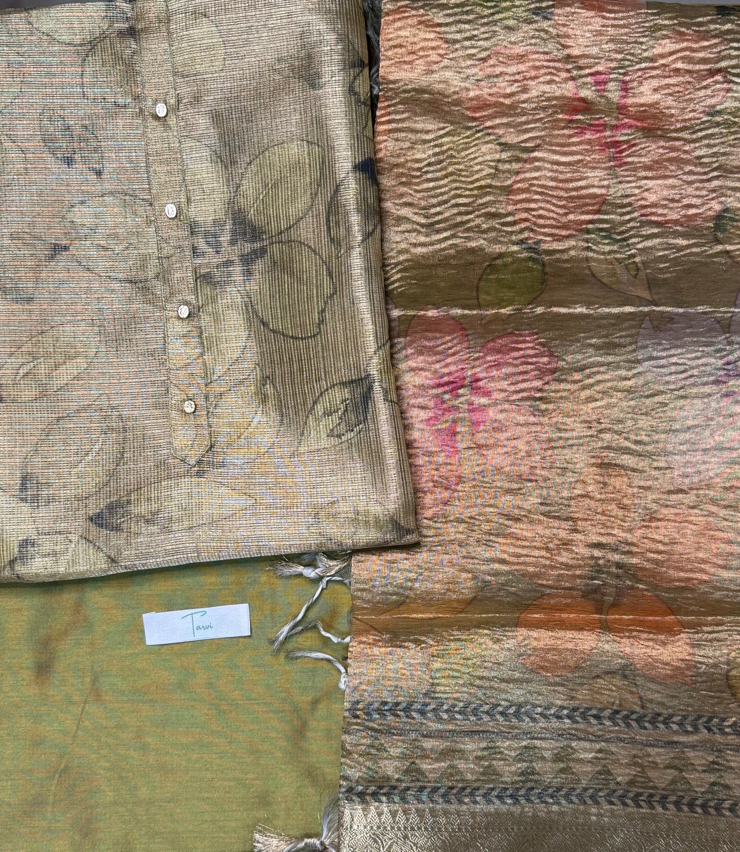 Green Tissue Silk 3 pc unstitched Kurti dress material set