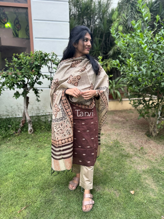 Coffee Brown Raw silk 3-piece set with a cotton lined kurti, hand block-printed dupatta, and pants with a pocket.