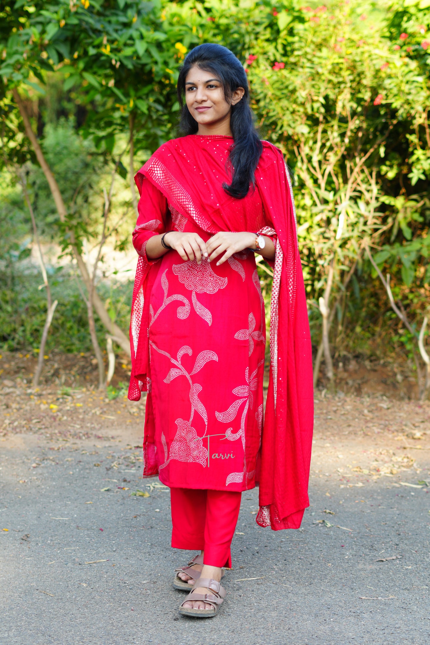 Red Embellished Silk 3 pc Kurti Set, Dupatta and Pant with pocket.