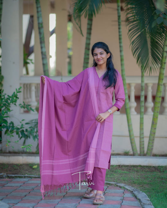 Vintage Rose Soft Pure cotton Handloom 3 pc Kurti Set