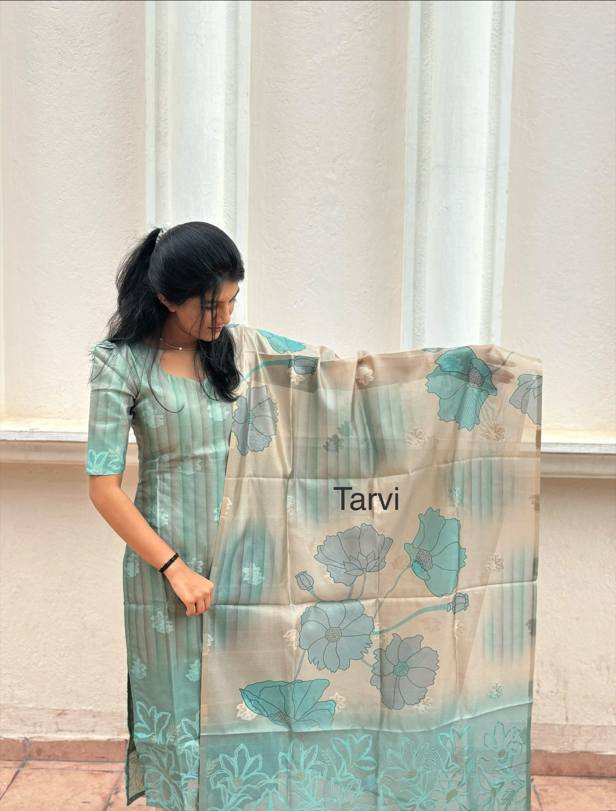 Mint Green Chanderi Silk Kurti with Jacquard Border, cotton lining and Dupatta