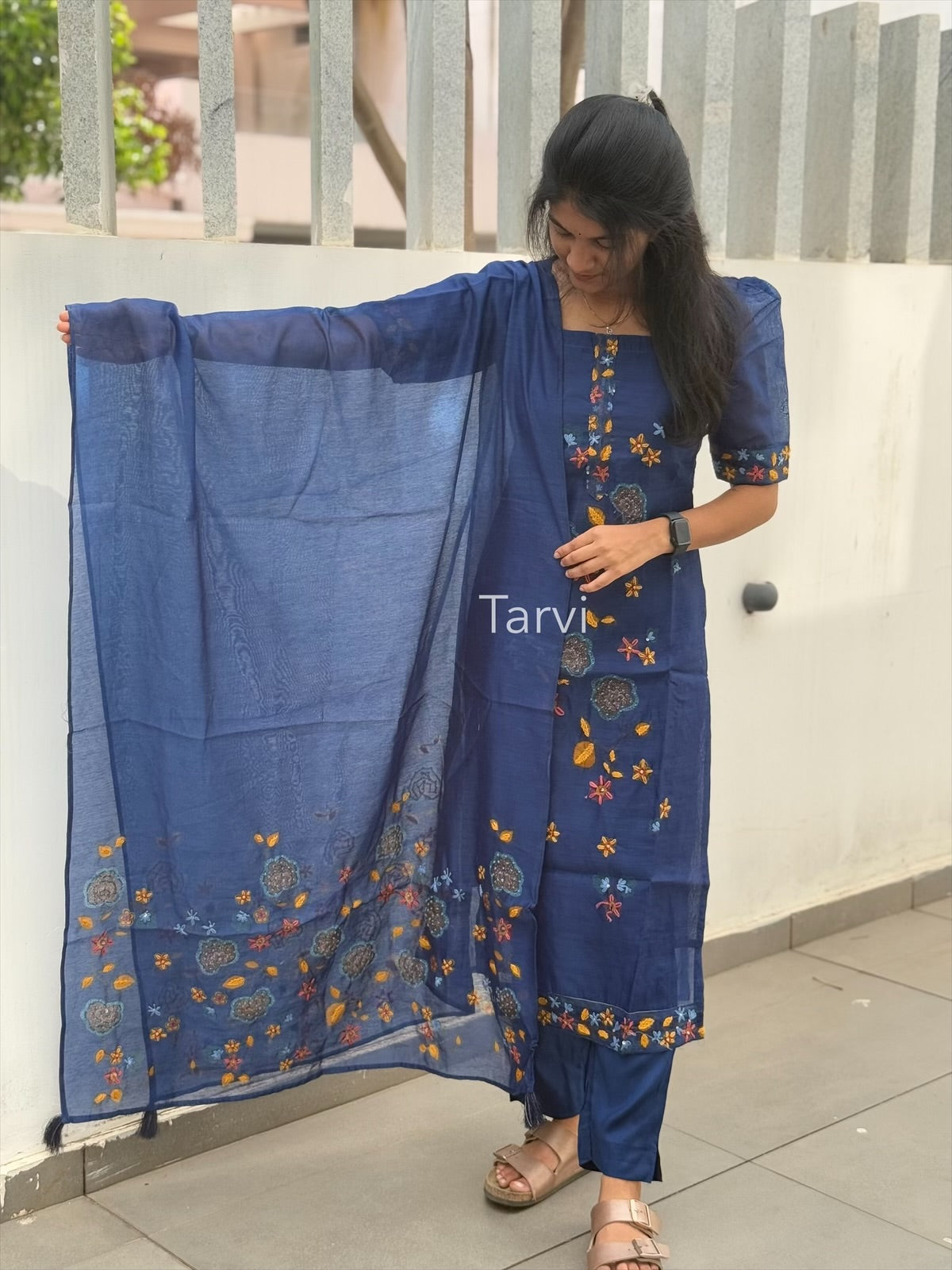 Robin Blue Silk 3 pc Kurti Set with hand embroidery,Dupatta and Pant