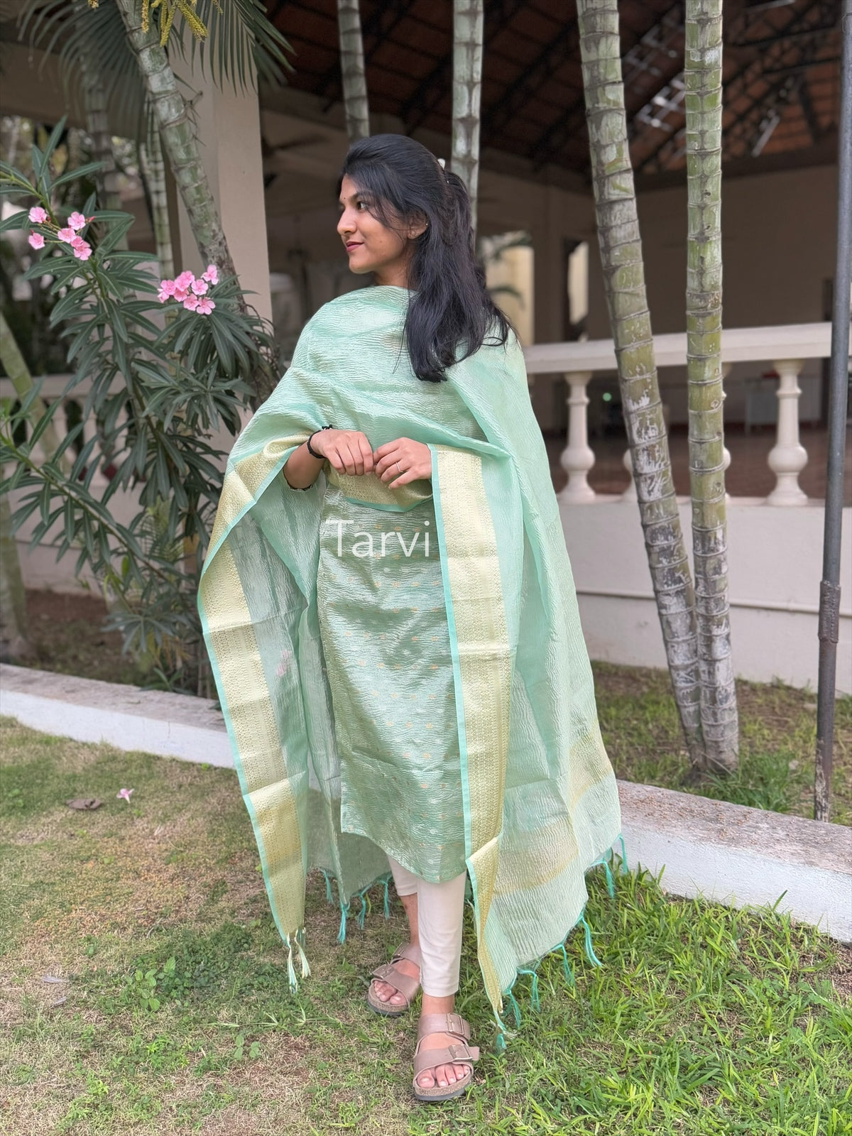 Light Green Ombre Crush Tissue Tussar Kurti with Butta, Cotton Lining & Dupatta