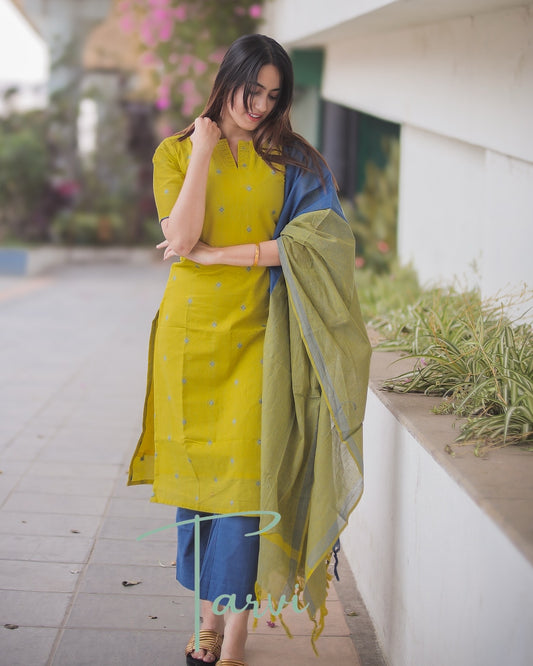 Lime Green Pure cotton Handloom 3 pc Kurti Set with cotton lining,dupatta and Pant with Pocket