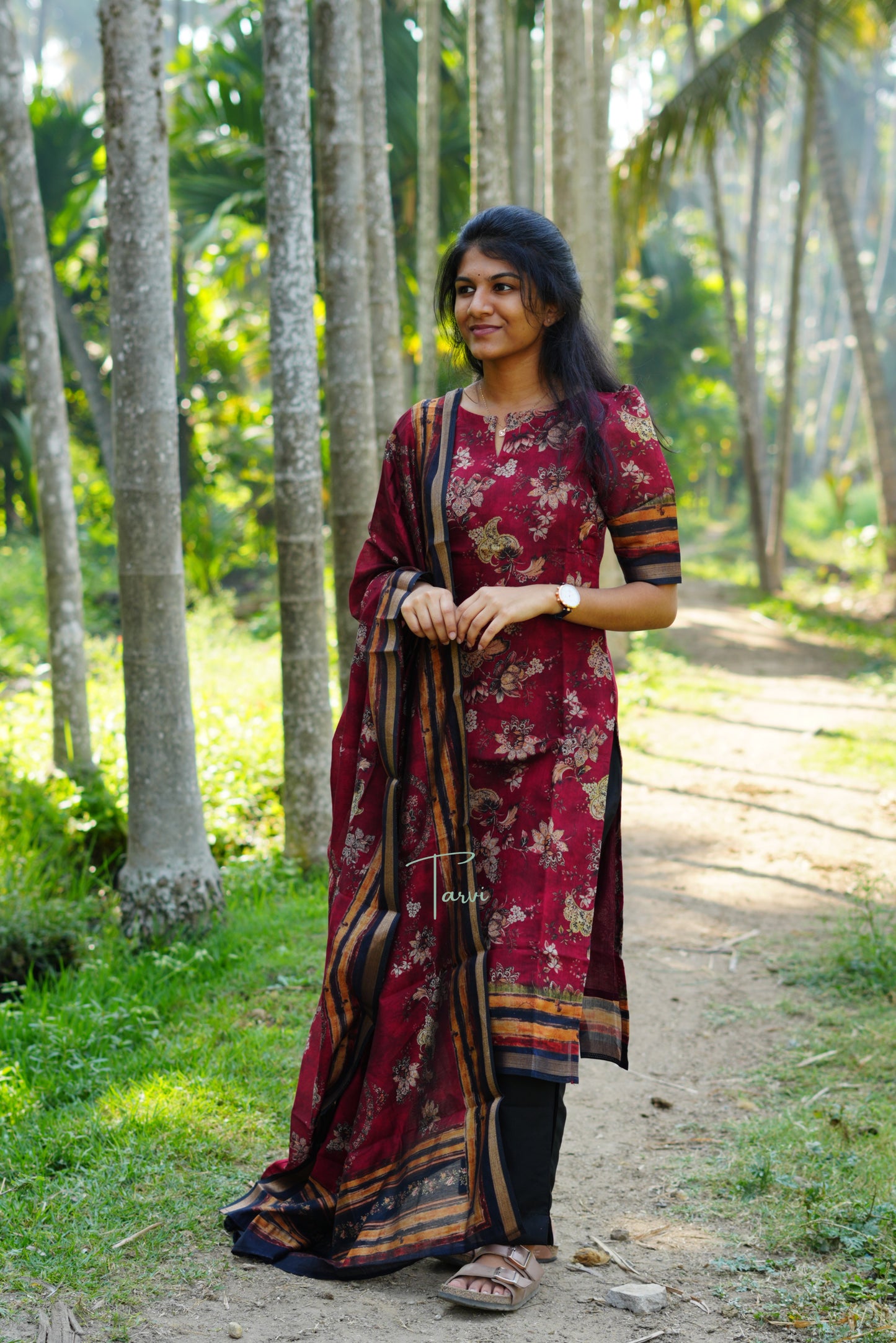 Maroon floral Chanderi 3 pc set with cotton lining, dupatta , matching pant with pocket.