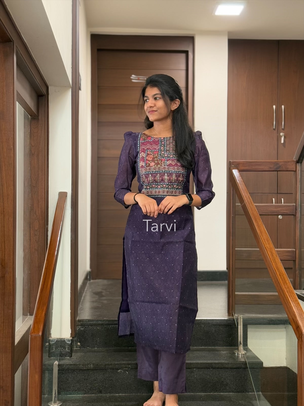 Dark Violet Silk 3 pc Kurti Set with Embellishment, Dupatta and Pant