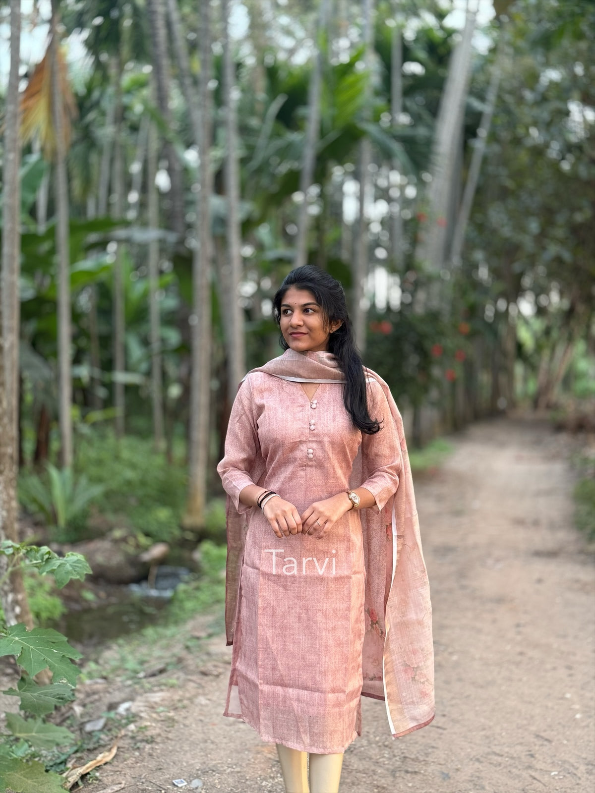 Linen Tissue Kurti with cotton lining and floral Dupatta.